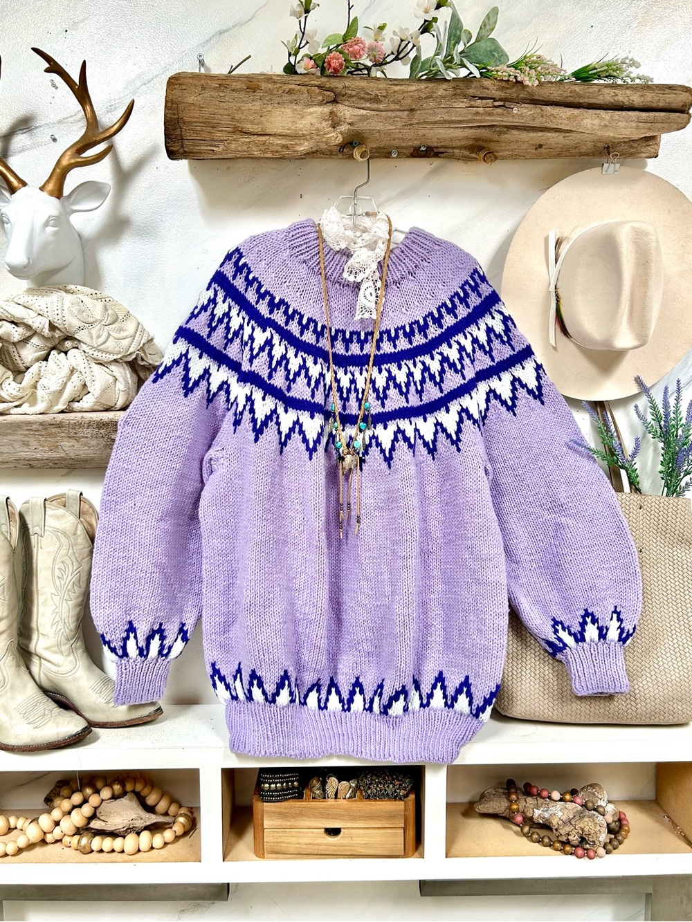 Artisan sweater dress/tunic for purple/lavender lovers w cabin Fair Isle pattern